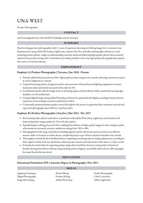 Product Photographer Resume CV Example And Writing Guide