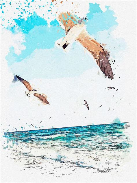 Flyover Seagulls Watercolor By Adam Asar Painting By Celestial Images