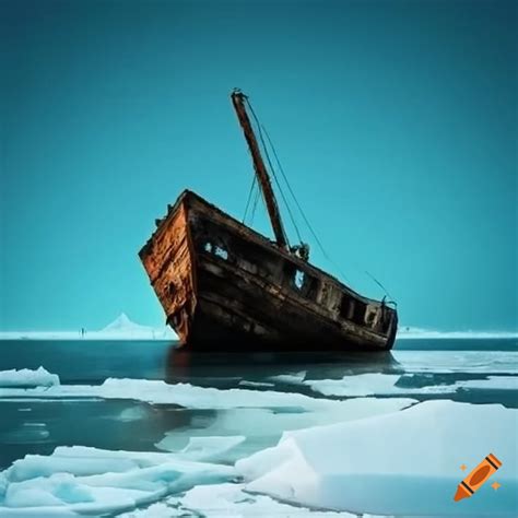 Shipwrecked Boat Stuck In Frozen Sea With Icebergs On Craiyon