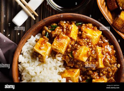 Flat Lay View At Authentic Traditional Chinese Food Mapo Tofu Dish With