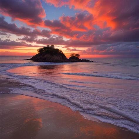 A Sunset Over A Beach With A Beach And A Mountain In The Background