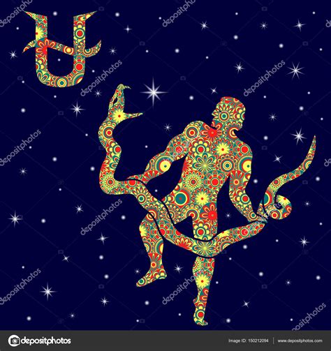 Zodiac Sign Aquarius With Variegated Flowers Fill Over Starry Sky Stock