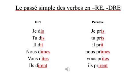 Le passé simple des verbes en IR RE DRE OIR leçon exo correction