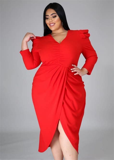 Autumn Plus Size V Neck Wrap Hem Irregular Party Dress Red L Long