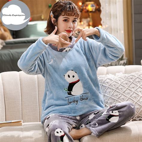 Cartoon Print Conjunto De Pijama Para Mulheres Pj Flanela Pijamas