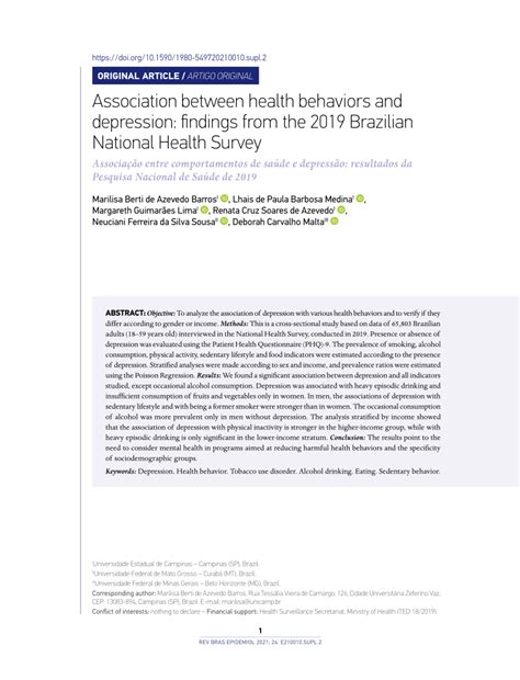 Pdf Associação Entre Comportamentos De Saúde E Depressão Resultados