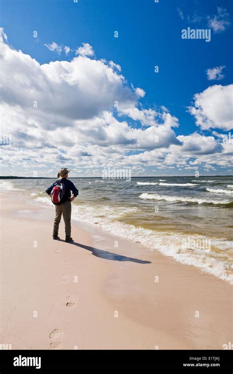 Hiker Along Big Buffalo Beach Peter Pond Lake Buffalo Narrows