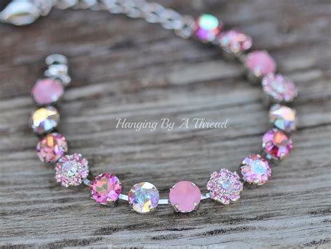 New Silver Swarovski Blush Pink Flower Embellished Braceletcrystal Tennis Braceletlight Rose