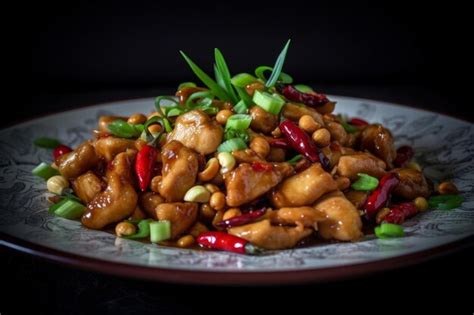 Poulet Kung Pao Aux Oignons Verts Et Piments Rouges Photo Premium