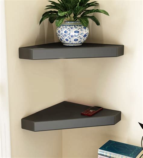 Buy Set of 2 Engineered Wood Corner Wall Shelf in Black Colour by Home ...