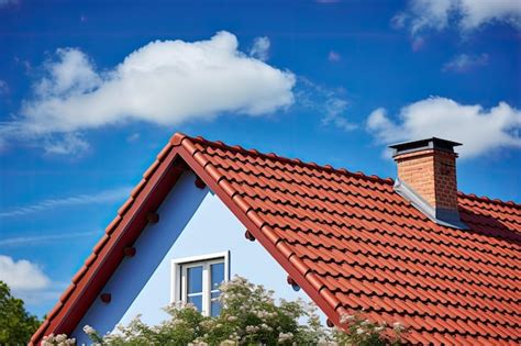 Una Casa Con Techo Rojo Y Un Cielo Azul Con Nubes Foto Premium