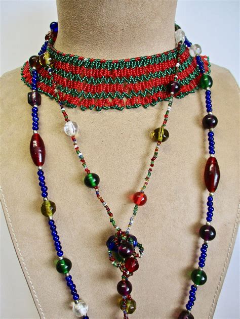 Sale Seed Bead Bib Necklace Choker Collar Bib Red Green Glass Etsy