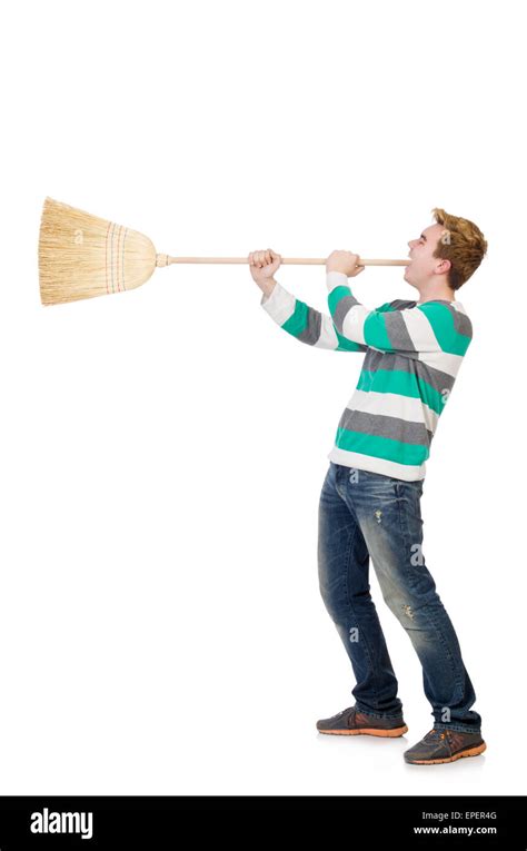 Funny Man With Mop Isolated On White Stock Photo Alamy