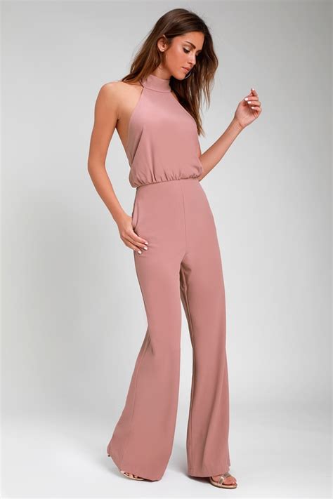 Chic Dusty Pink Jumpsuit Halter Jumpsuit Wide Leg Jumpsuit