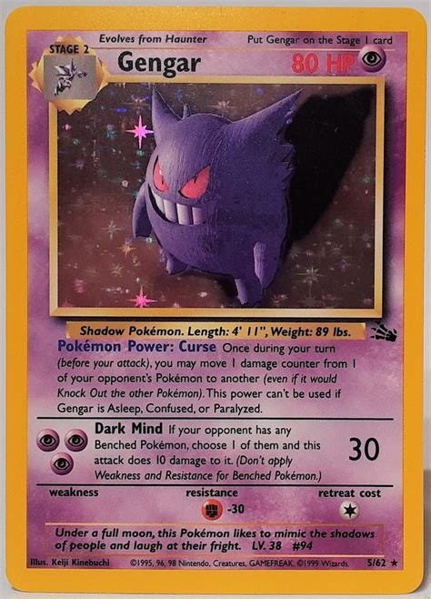 Original 1999 Pokemon Fossil Gengar 562 Holo Unlimited Game Card