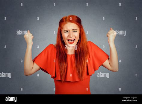 Portrait Angry Woman Screaming Wide Open Mouth Hysterical Isolated Gray Background Negative