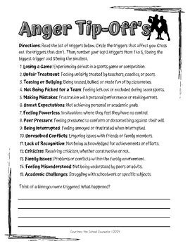 Sports Themed Anger Worksheets Scenarios Warning Signs And Triggers