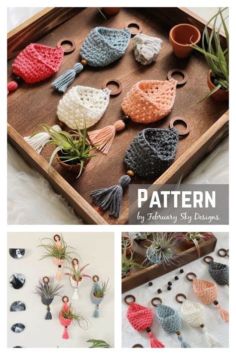 Crochet Patterns For Air Plants And Pot Holders On A Tray With Text Overlay