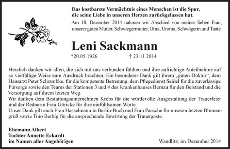 Traueranzeigen von Leni Sackmann Märkische Onlinezeitung Trauerportal