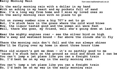 Early Morning Rain, by Gordon Lightfoot, Lyrics