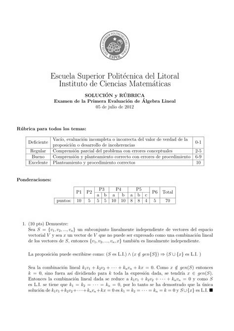 PDF Solución y Rúbrica Examen de Álgebra Lineal Primer Parcial