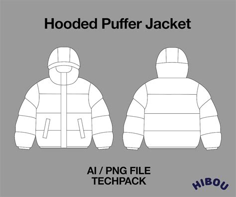 Hooded Puffer Jacket Technical Drawing Streetwear Mock Up Template For