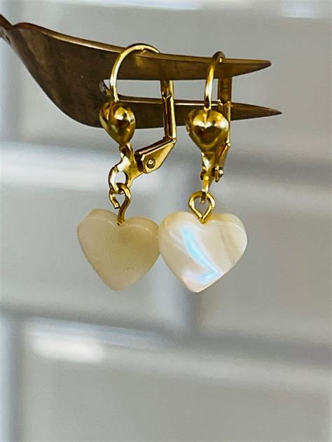 Mother Of Pearl Heart Shape Earrings Drop Dangle Sweetheart Etsy