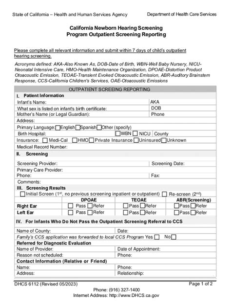 Fillable Online Nhsp 200 1 Regions Ab Dhcs 6112 Cnhsp Outpatient Screening Reporting Form Fax