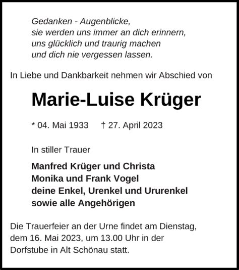 Traueranzeigen von Marie Luise Krüger Trauer Nordkurier