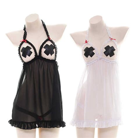Japanese Cute Erotic Sexy Costume Sheer Lingerie Chiffon Transparent Nightdress Open Breast