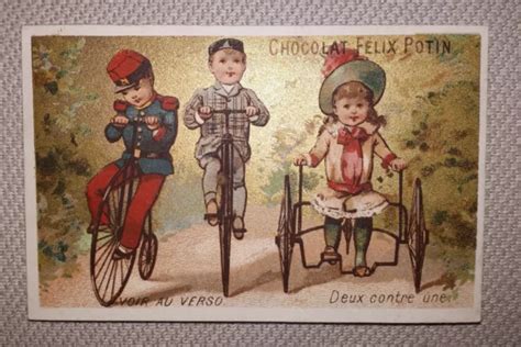 CHROMO VELO CHOCOLAT Felix Potin Deux Contre Une Cycle Cyclisme 1880