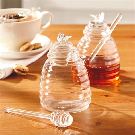 Glass Honey Pot With Dipping Stick And Lid Honey Bee Themed Container