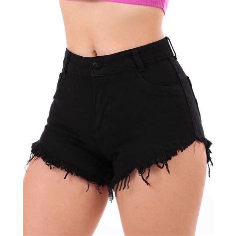 Shorts Jeans Feminino Preto Curto Cintura Alta Destroyed Hot Pants Desfiado Blogueira Shopee