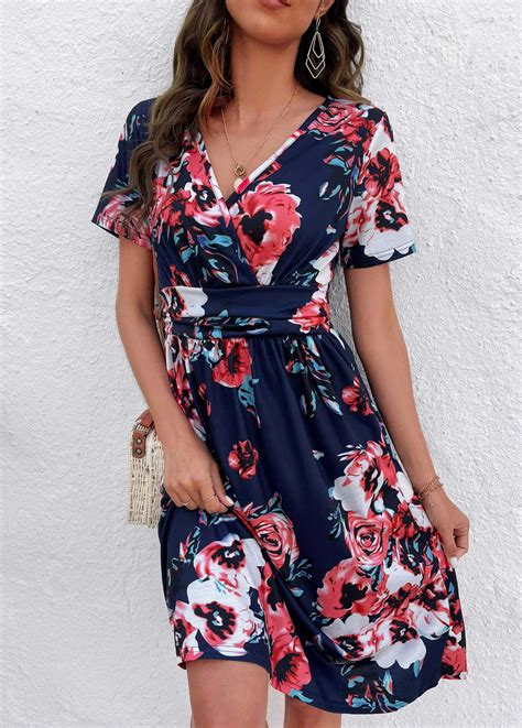 Valentine S Day Floral Print Patchwork Navy V Neck Dress Rosewe