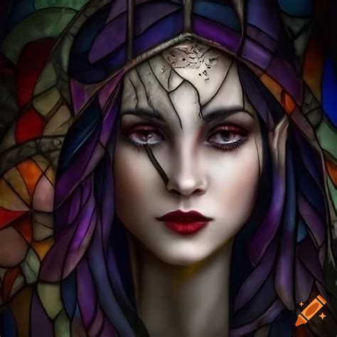 Elven Fairy With Dark Hair In A Dream Like Dark Forest On Stained Glass