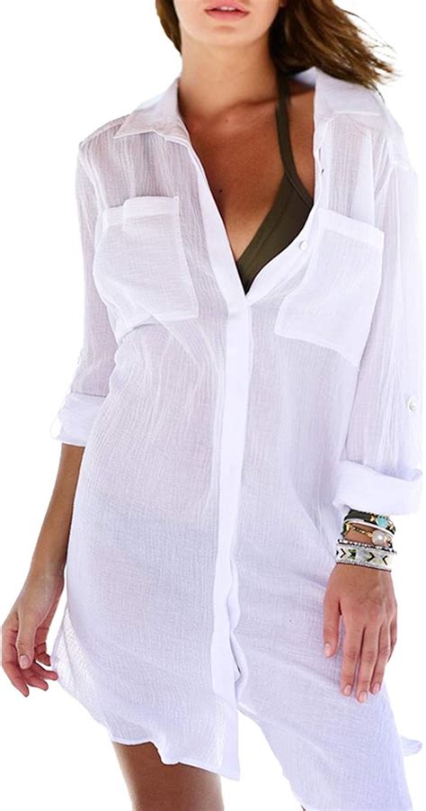 Women Sexy Vogue Button Down Shirts Crinkle Chiffon Bathing Suit Cover