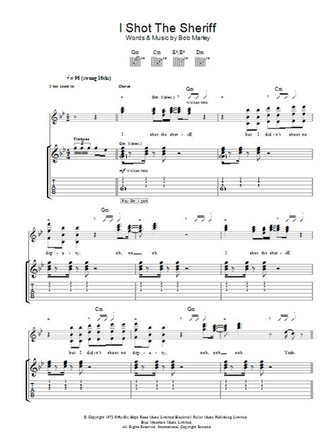 I Shot The Sheriff Sheet Music Bob Marley Guitar Tab