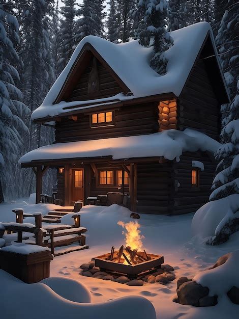 Premium AI Image A Cozy Cabin Nestled In A Snowy Forest Wooden House