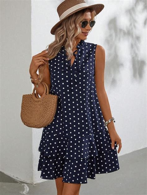 SHEIN LUNE Polka Dot Tie Neck Ruffle Hem Smock Dress Sleeveless