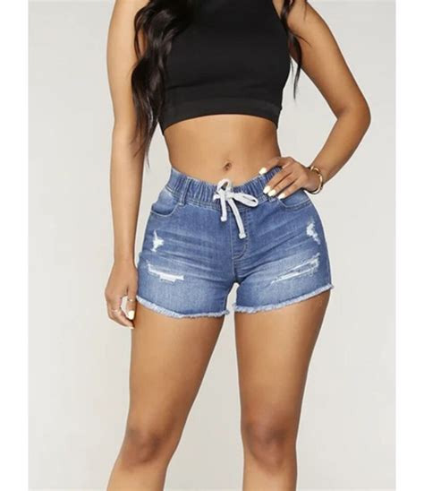 Elastic Waist Drawstring Ripped Denim Shorts