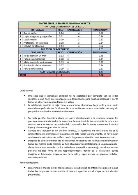 Matriz Efi Conclusiones Y Recomendaciones Matriz Efi De La