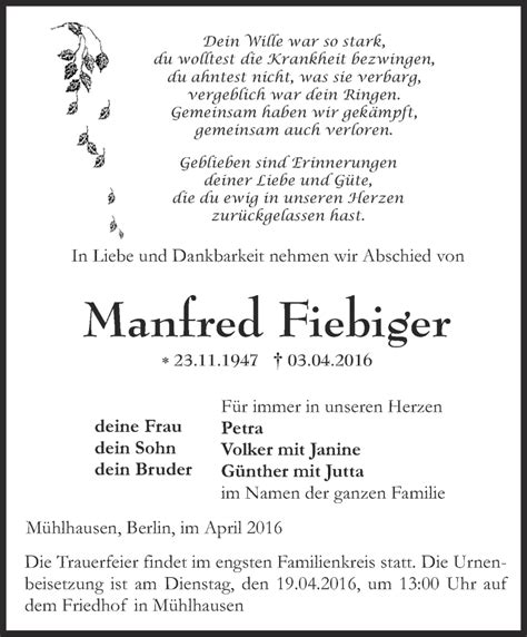 Traueranzeigen Von Manfred Fiebiger Trauer In Thueringen De