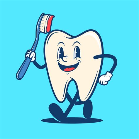 Retro vintage dental teeth holding toothbrush cartoon mascot logo ...