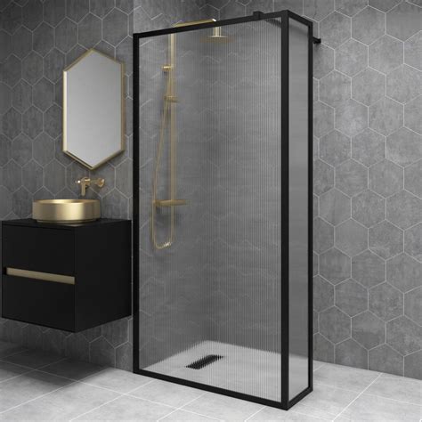 Grade A1 1000mm Black Fluted Glass Wet Room Shower Screen With Return