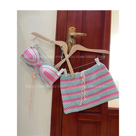 SẴN SÉT BIKINI LEN MÓC HANDMADE MÀU HỒNG MIX KEM Shopee Việt Nam