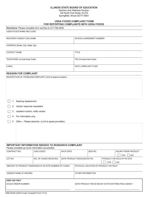 Fillable Online Isbe 68 84 USDA Foods Complaint Form For Report