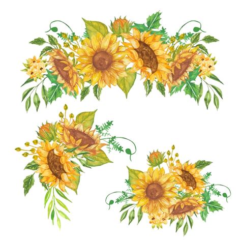 Conjunto De Arreglo Floral Acuarela Girasol Amarillo Vector Premium