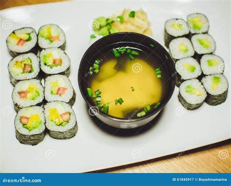 Vegetarian Sushi And Miso Soup In A Restaurant Stock Image Image Of