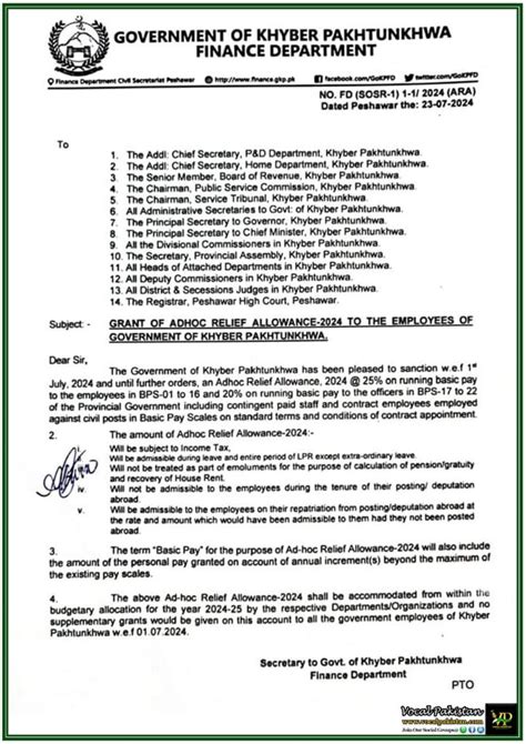 Grant Of Adhoc Relief Allowance 2024 To Civil Servants Of Khyber