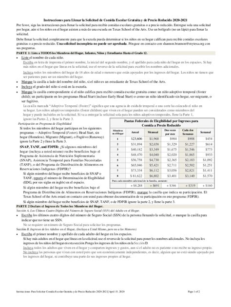 Fillable Online Instrucciones Para Llenar La Solicitud De Comida